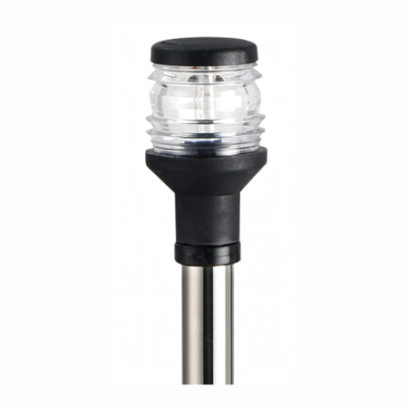 Fanale di via 360° su asta inox con luce bianca e corpo nero, visione ravvicinata | Onautica