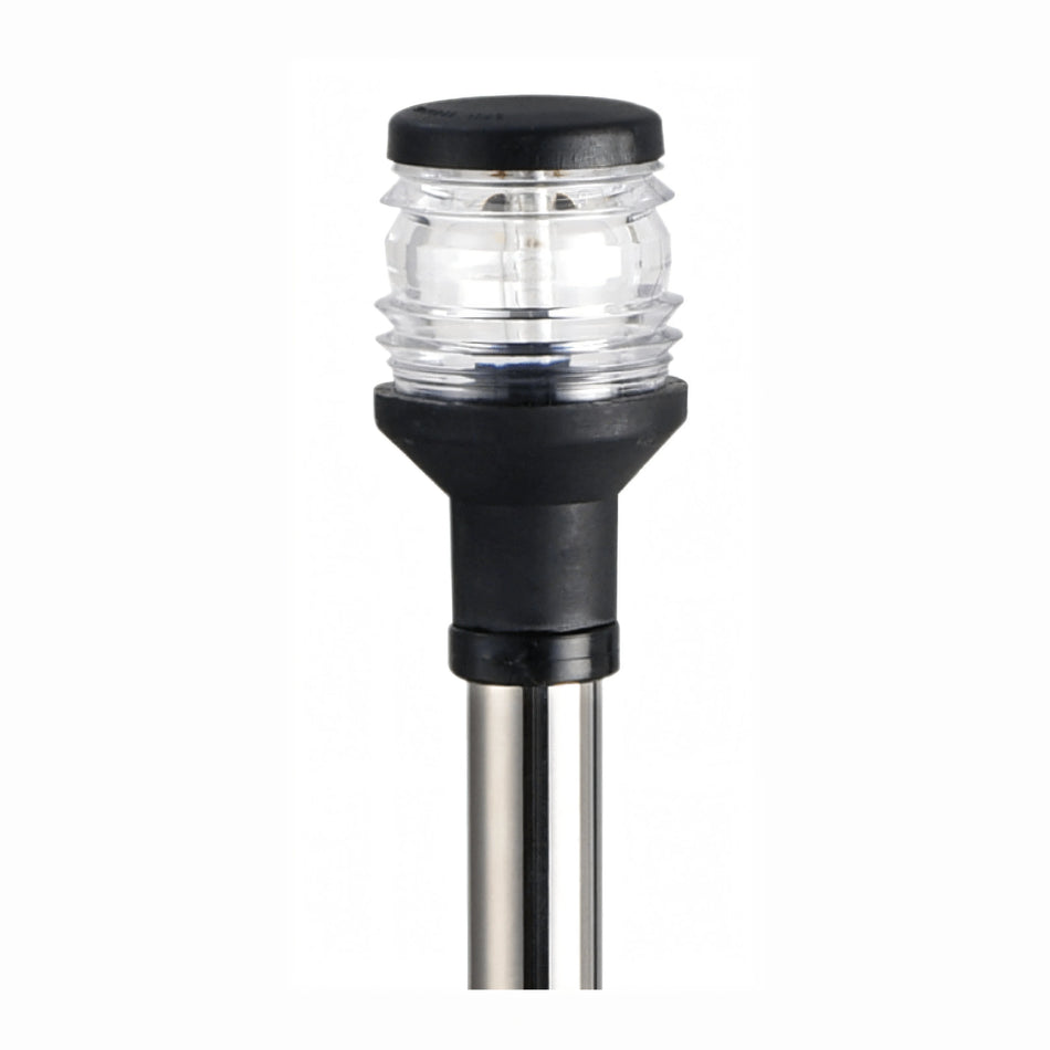 Fanale di via 360° su asta inox con luce bianca e corpo nero, visione ravvicinata | Onautica