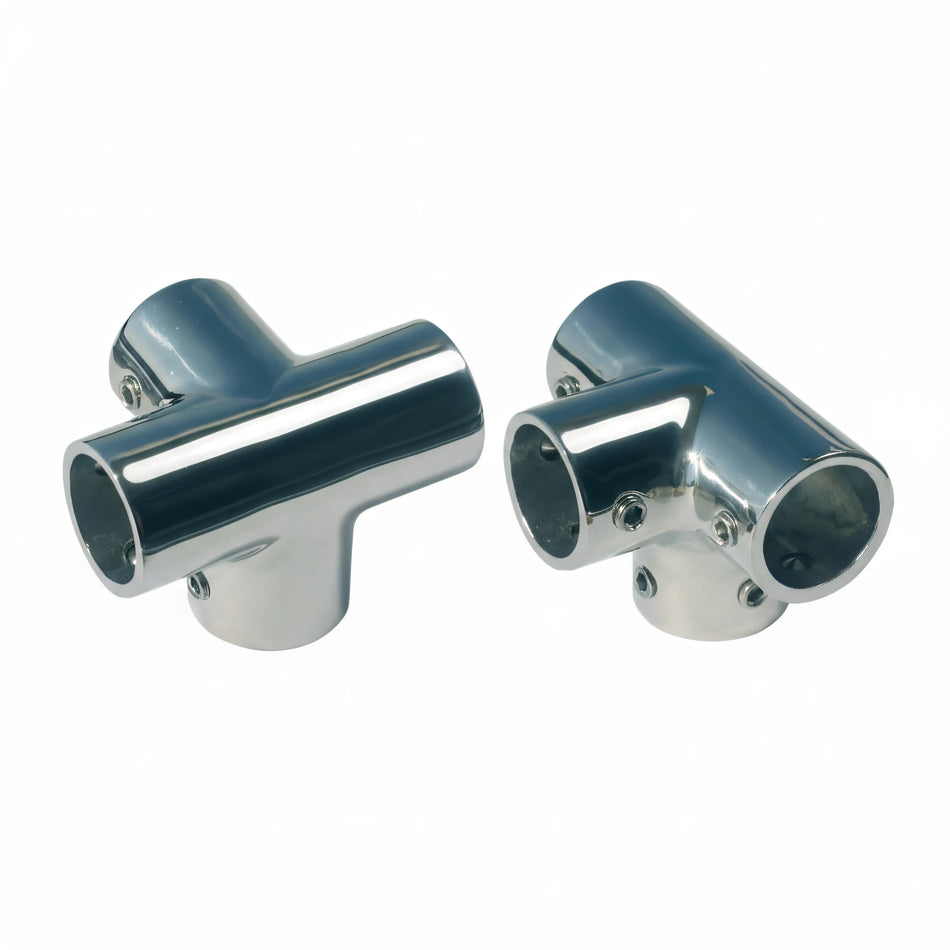 Giunti a T Ø 25 mm per pulpiti in acciaio inox AISI 316 lucidato, vista fronte e laterale | Onautica