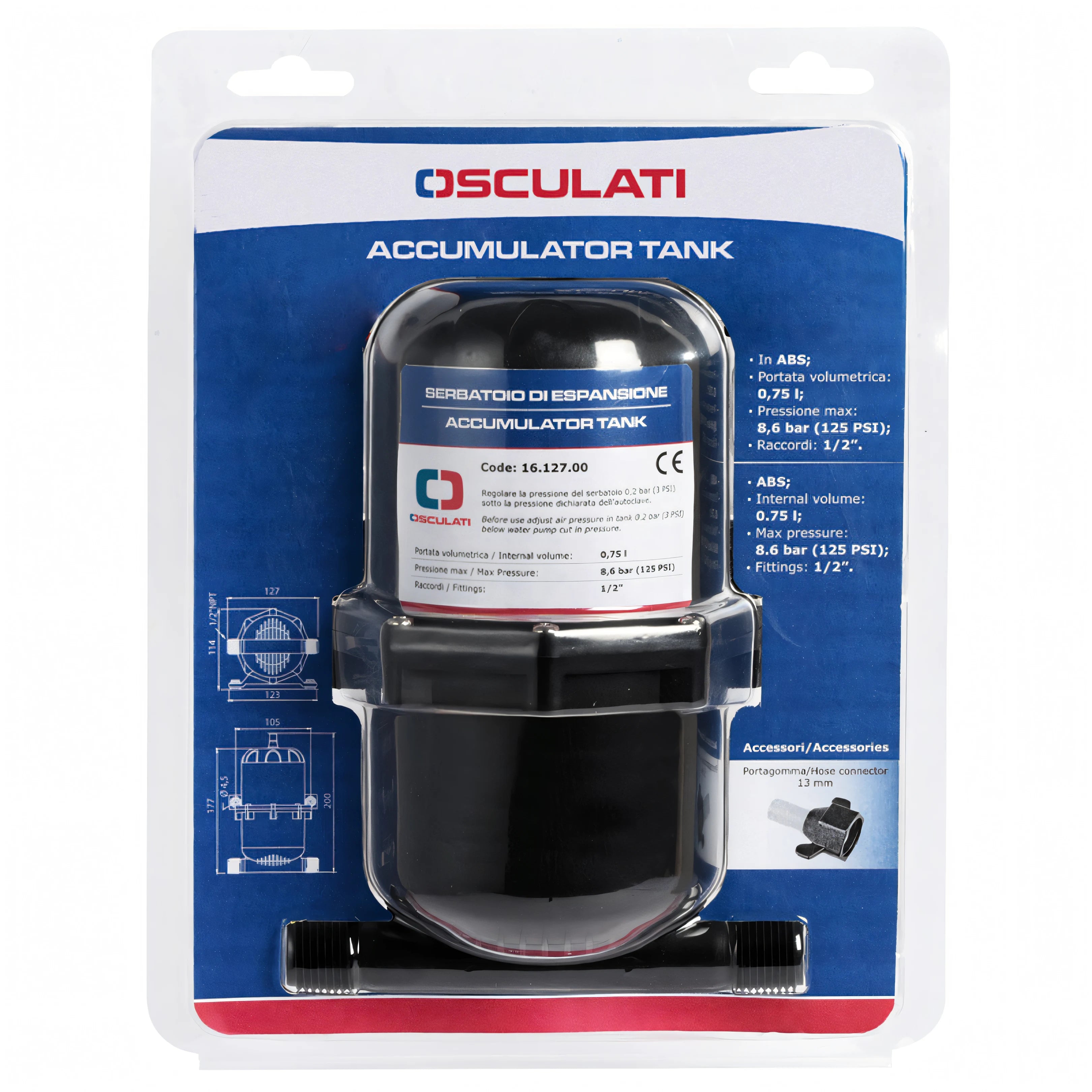 Serbatoio di espansione autoclave in ABS 0,75 lt Osculati con 2 portagomma – vista 3