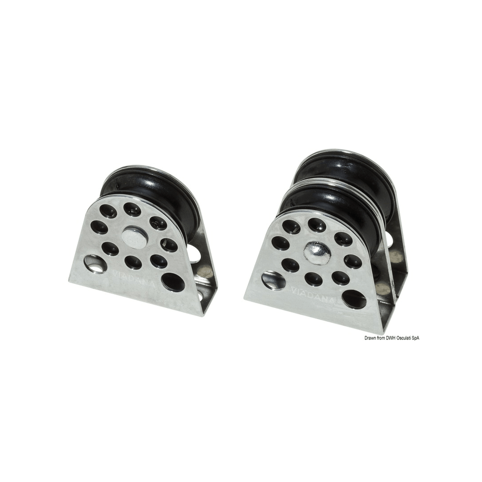 Coppia di bozzelli verticali Viadana 8x28mm doppi in acciaio inox con pulegge nere | Onautica