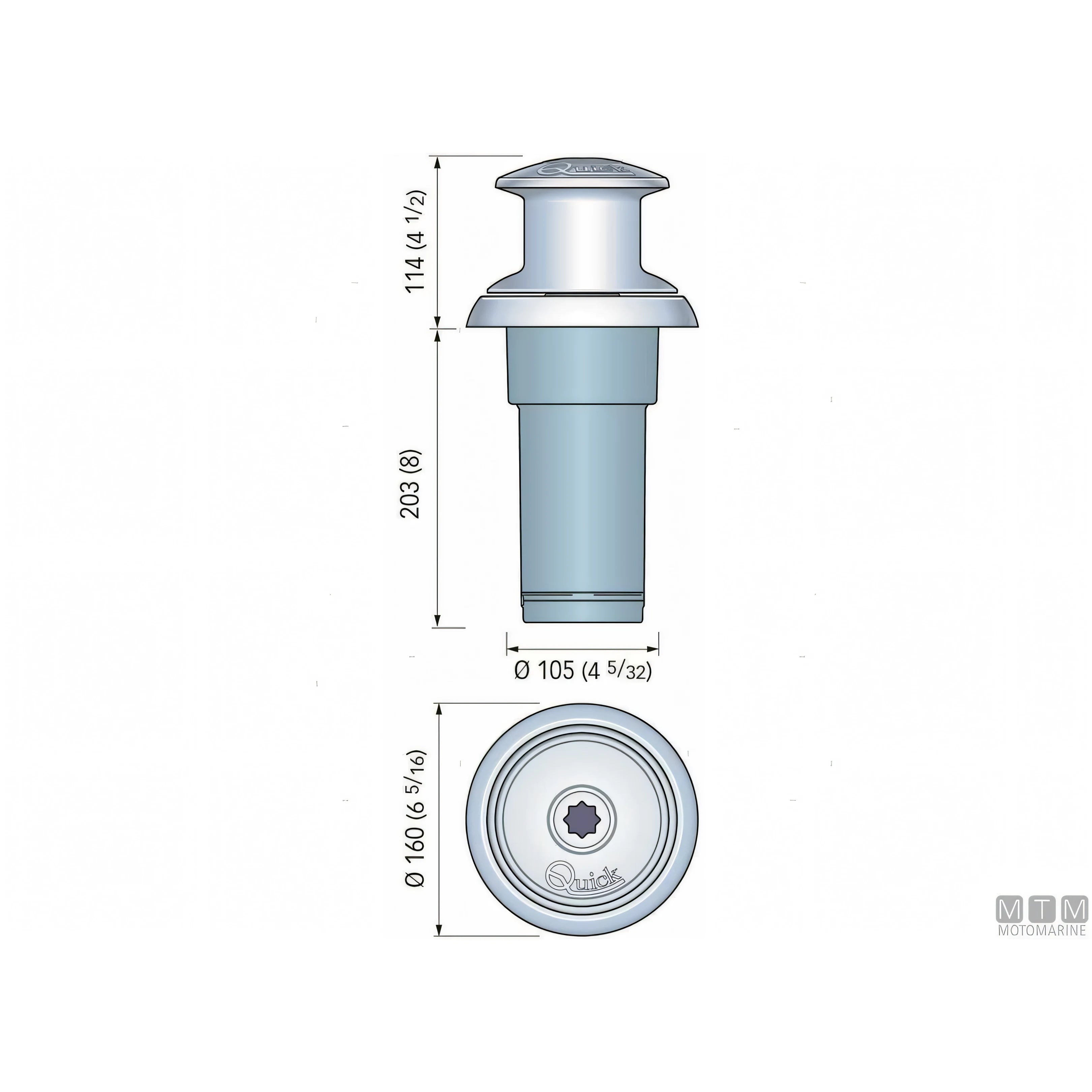 Verricello da tonneggio Quick Totem TM3 in alluminio anodizzato e bronzo cromato — TM3 500W/12V