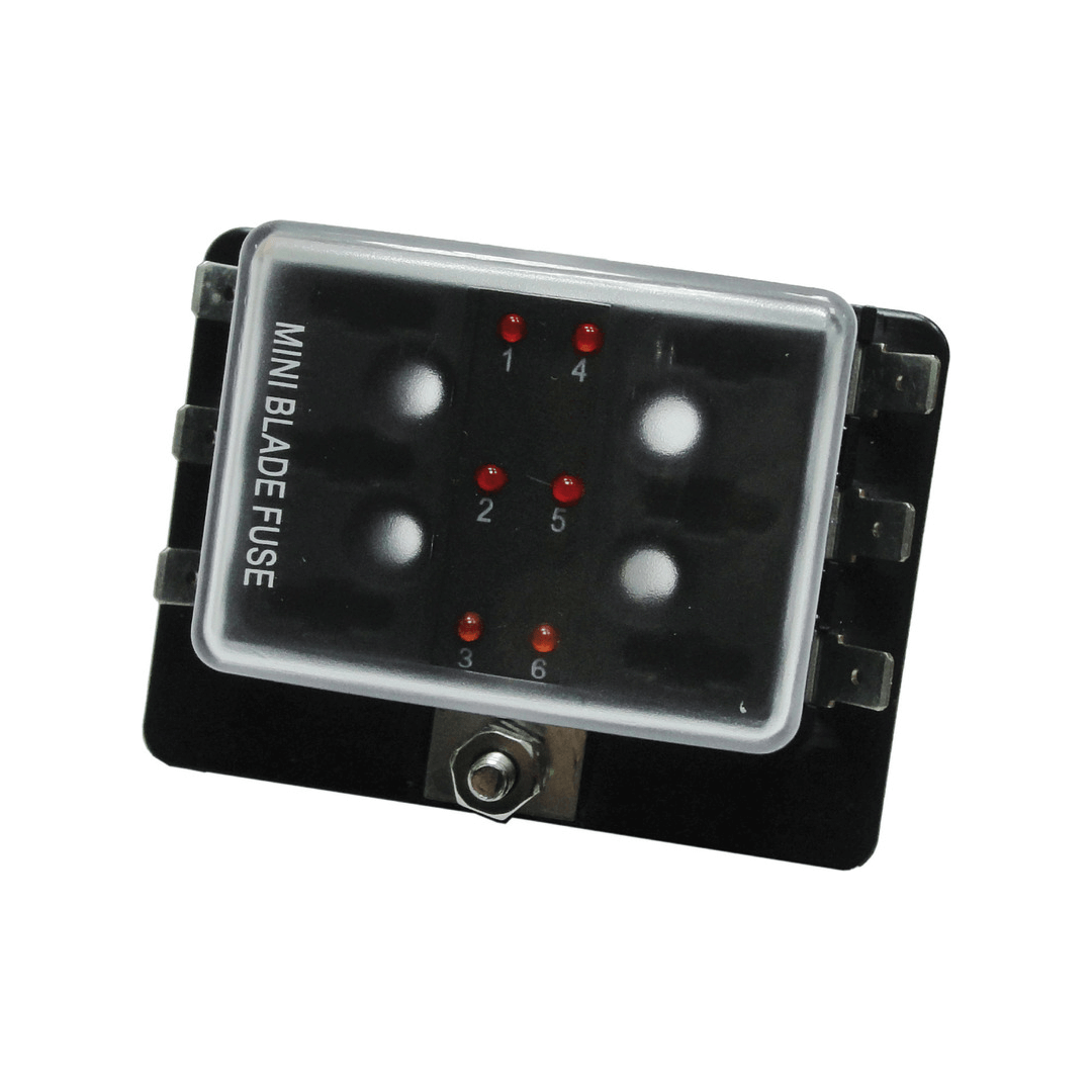 Scatola portafusibili lamellari mini 6 posti nera con coperchio trasparente e LED rossi indicatori | Onautica