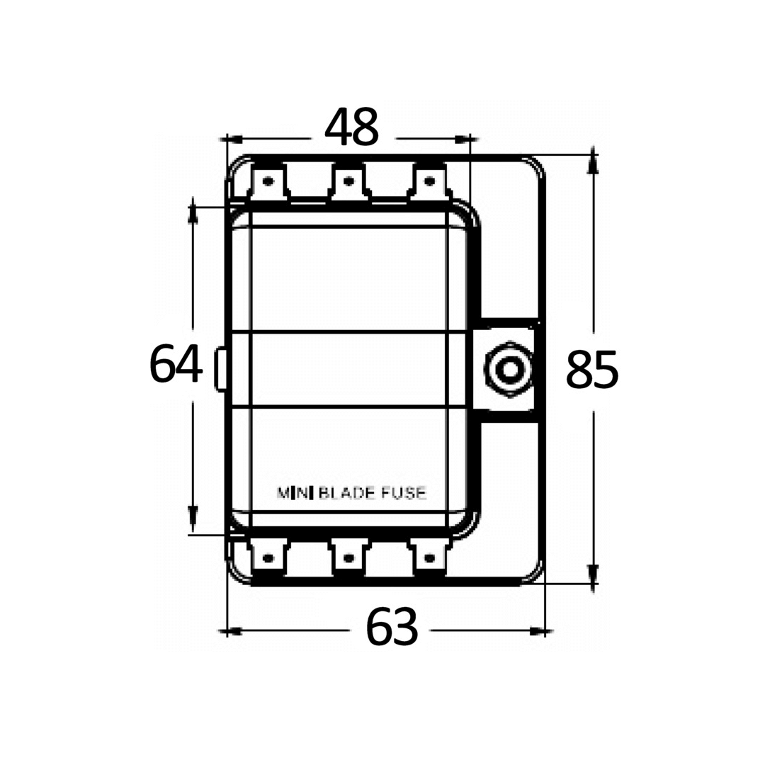 Scheda tecnica scatola portafusibili lamellari mini 6 posti con dimensioni 48x63x85mm | Onautica
