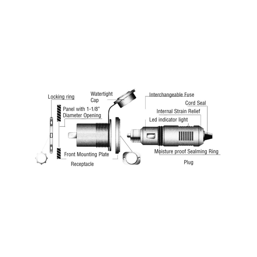 Schema tecnico spina 12V con fusibile intercambiabile, LED di stato, anello impermeabile e presa a pannello | Onautica