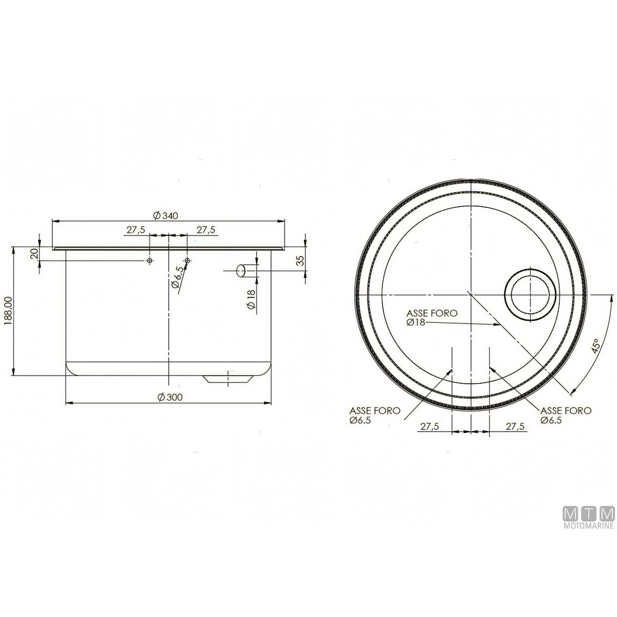 Can lavello sferico inox 18/8 con coperchio in vetro temperato — ø 300 x H 180 mm