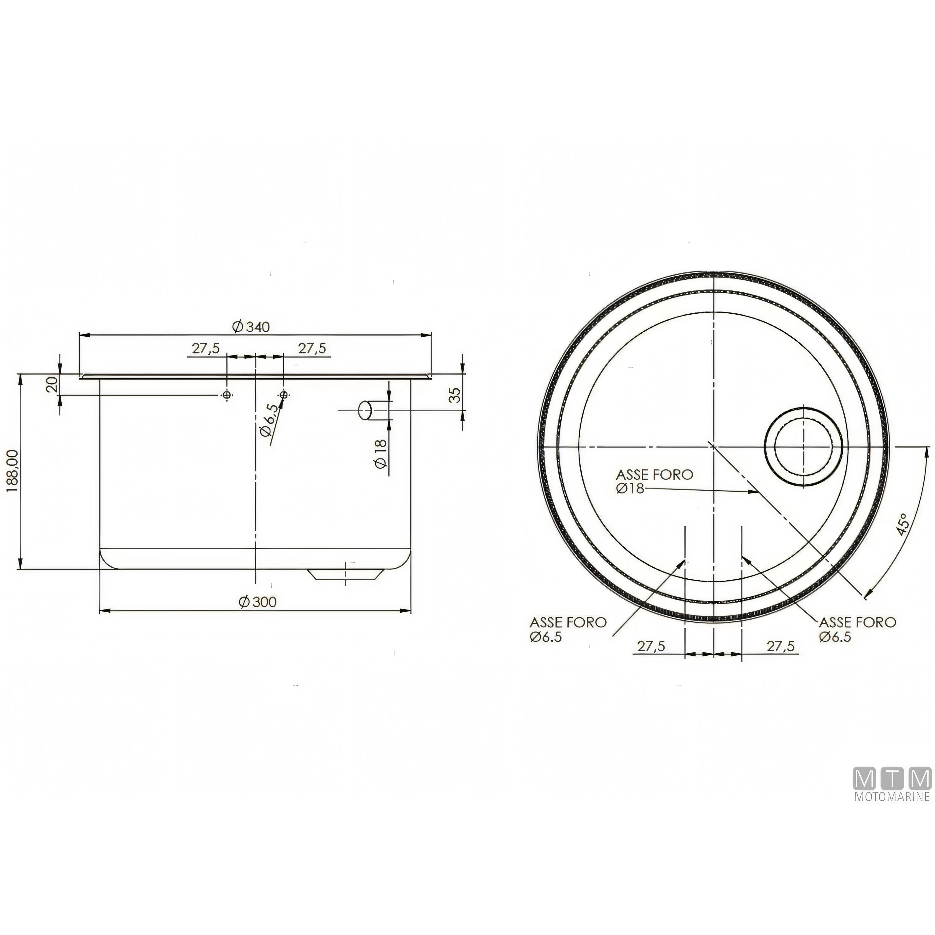 Can lavello sferico inox 18/8 con coperchio in vetro temperato — ø 300 x H 180 mm