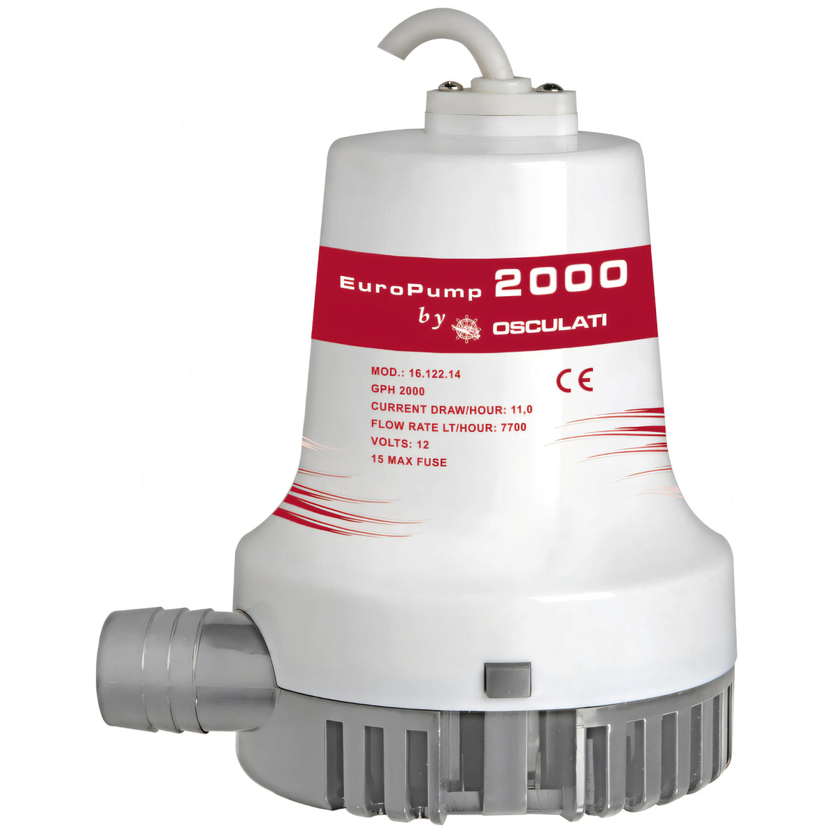 Pompa di sentina ad immersione Osculati Europump II 2000 12V, corpo bianco con fascia rossa e base grigia — 1500 e 2000 | Onautica