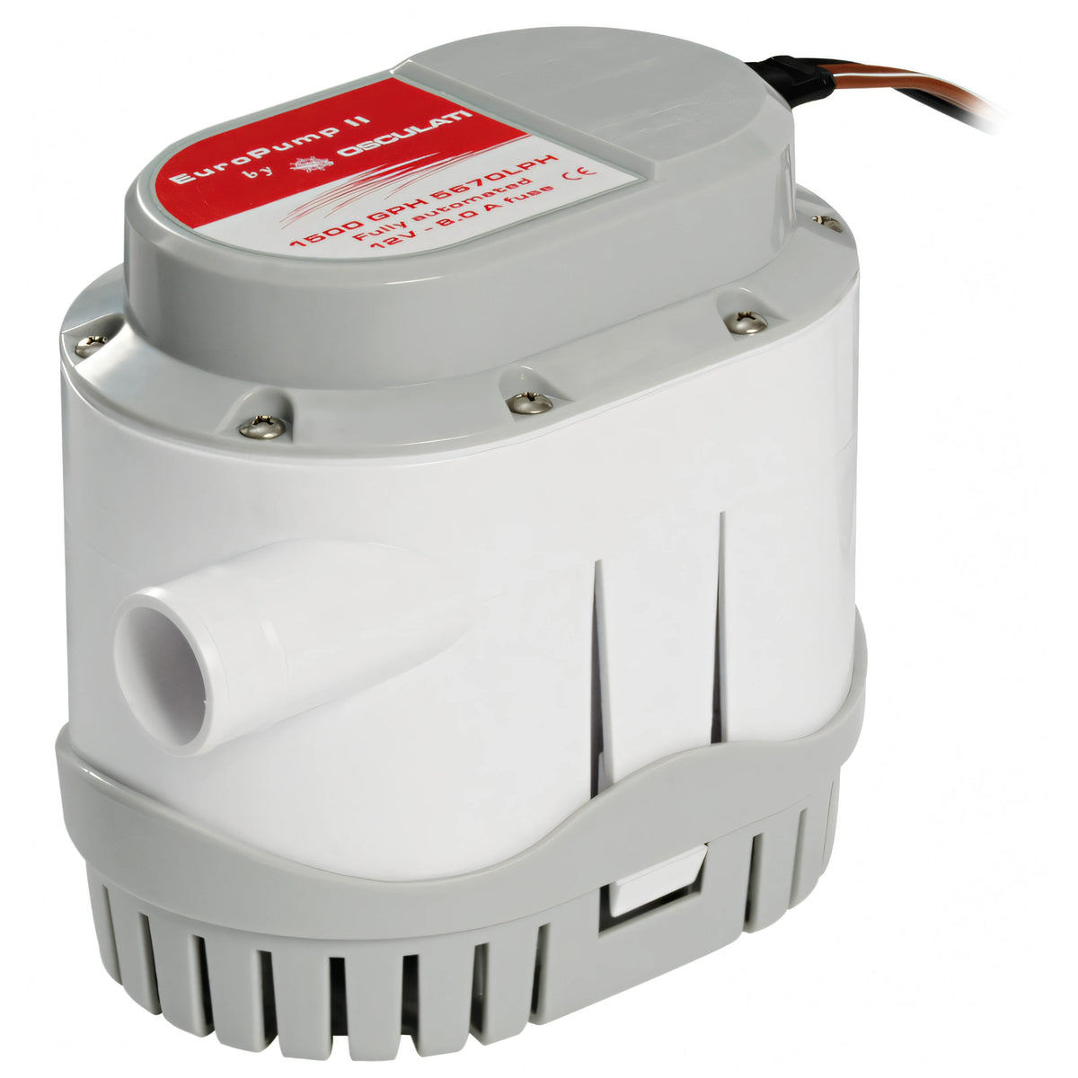 Pompa di sentina automatica Europump II Osculati, corpo bianco e grigio in plastica con etichetta rossa