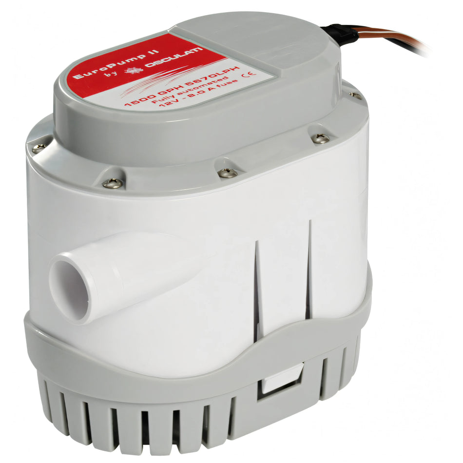 Pompa di sentina automatica Europump II Osculati, corpo bianco e grigio in plastica con etichetta rossa