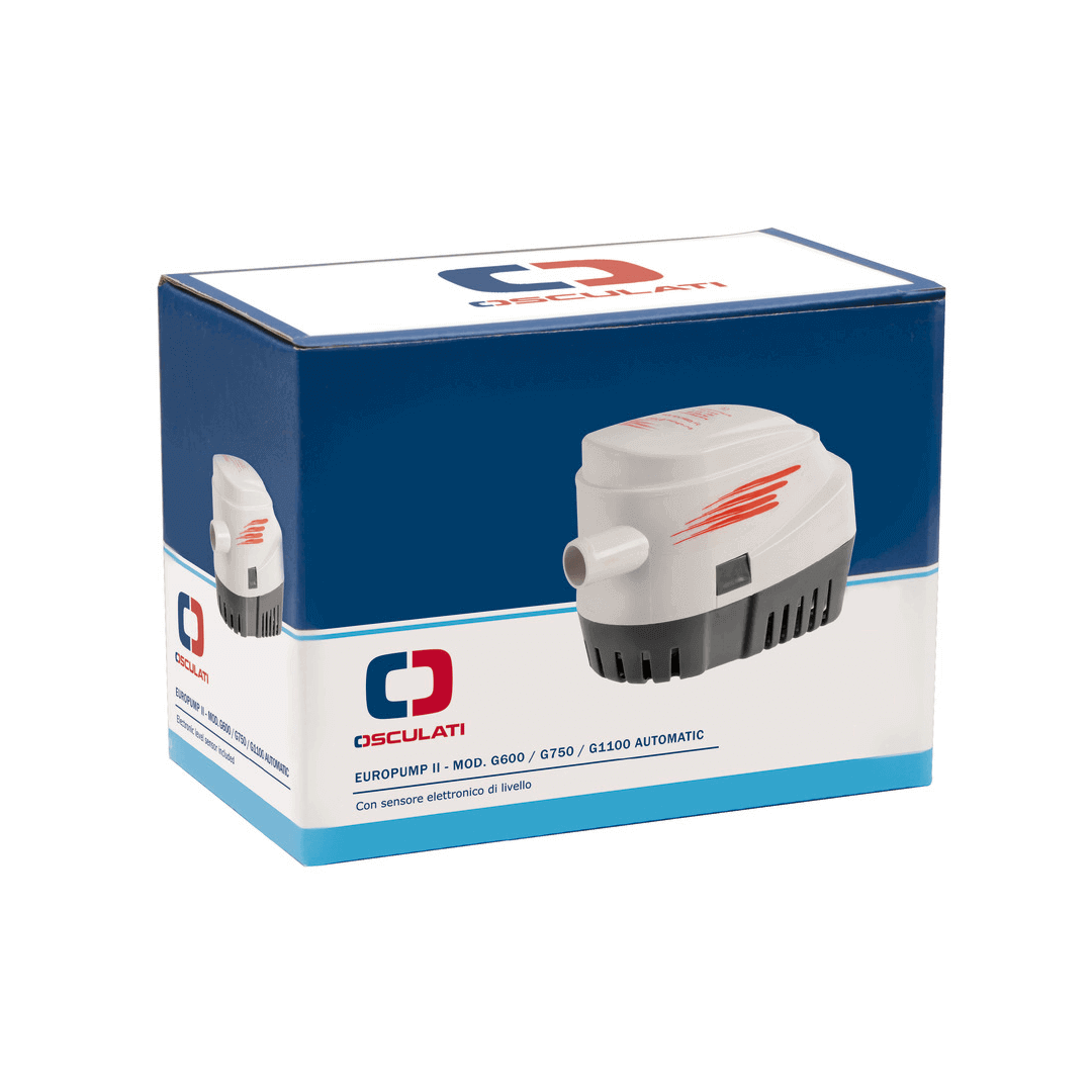 Confezione pompa di sentina automatica Osculati Europump II G1100, corpo bianco e grigio con sensore elettronico | Onautica