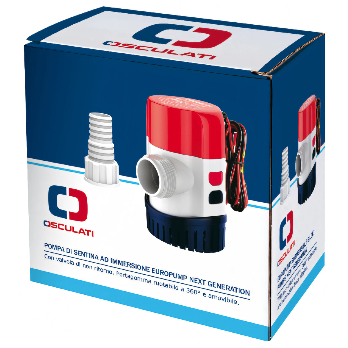 Pompa di sentina ad immersione Europump Next Generation Osculati 12V, corpo bianco con calotta rossa e base blu in plastica — vista 4