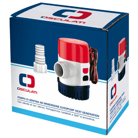 Pompa di sentina ad immersione Europump Next Generation Osculati 12V, corpo bianco con calotta rossa e base blu in plastica — vista 4