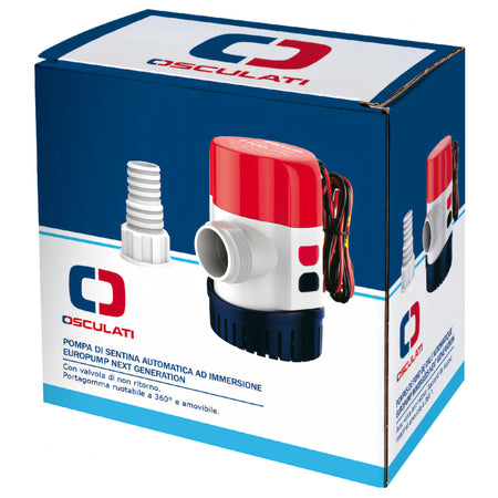 Pompa di sentina automatica Europump Next Generation G800 Osculati 12V, corpo bianco con calotta rossa e base blu in plastica — vista 3