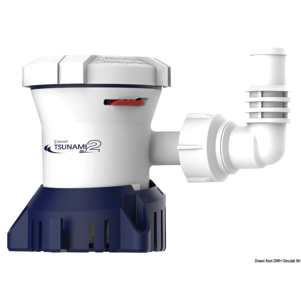 Pompa di sentina Attwood Tsunami MK2 12V bianca con base blu in plastica e portagomma a 90°