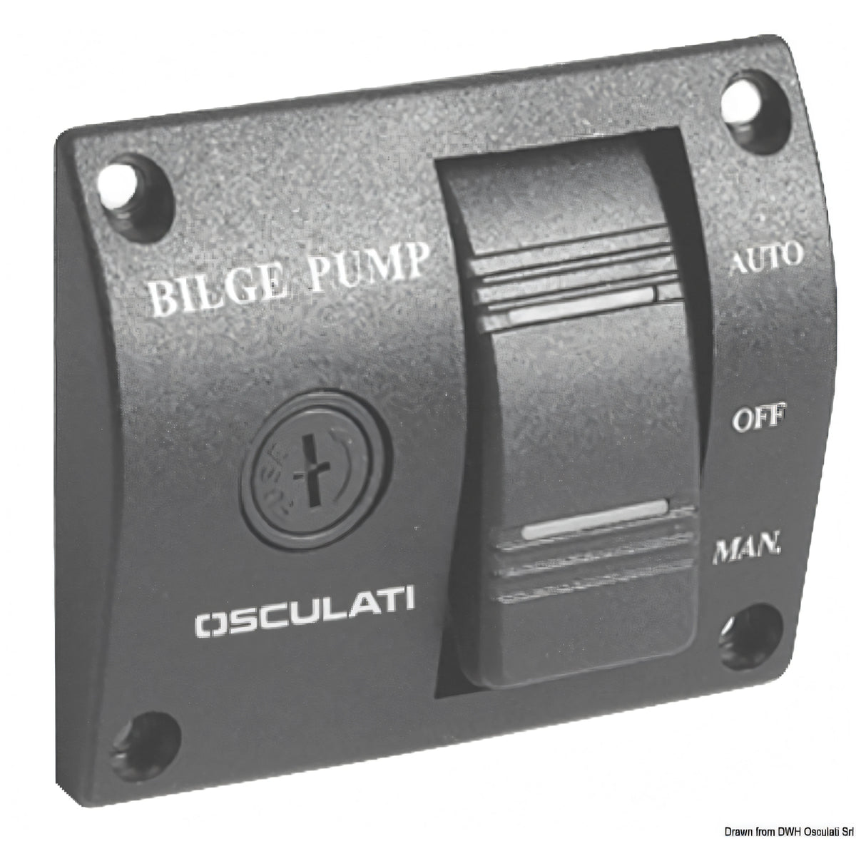 Pannello di controllo universale per pompe di sentina Osculati nero in plastica con interruttore a bascula Auto Off Man