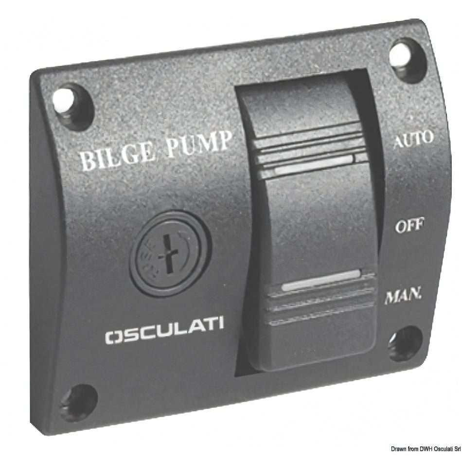 Pannello di controllo universale per pompe di sentina Osculati nero in plastica con interruttore a bascula Auto Off Man