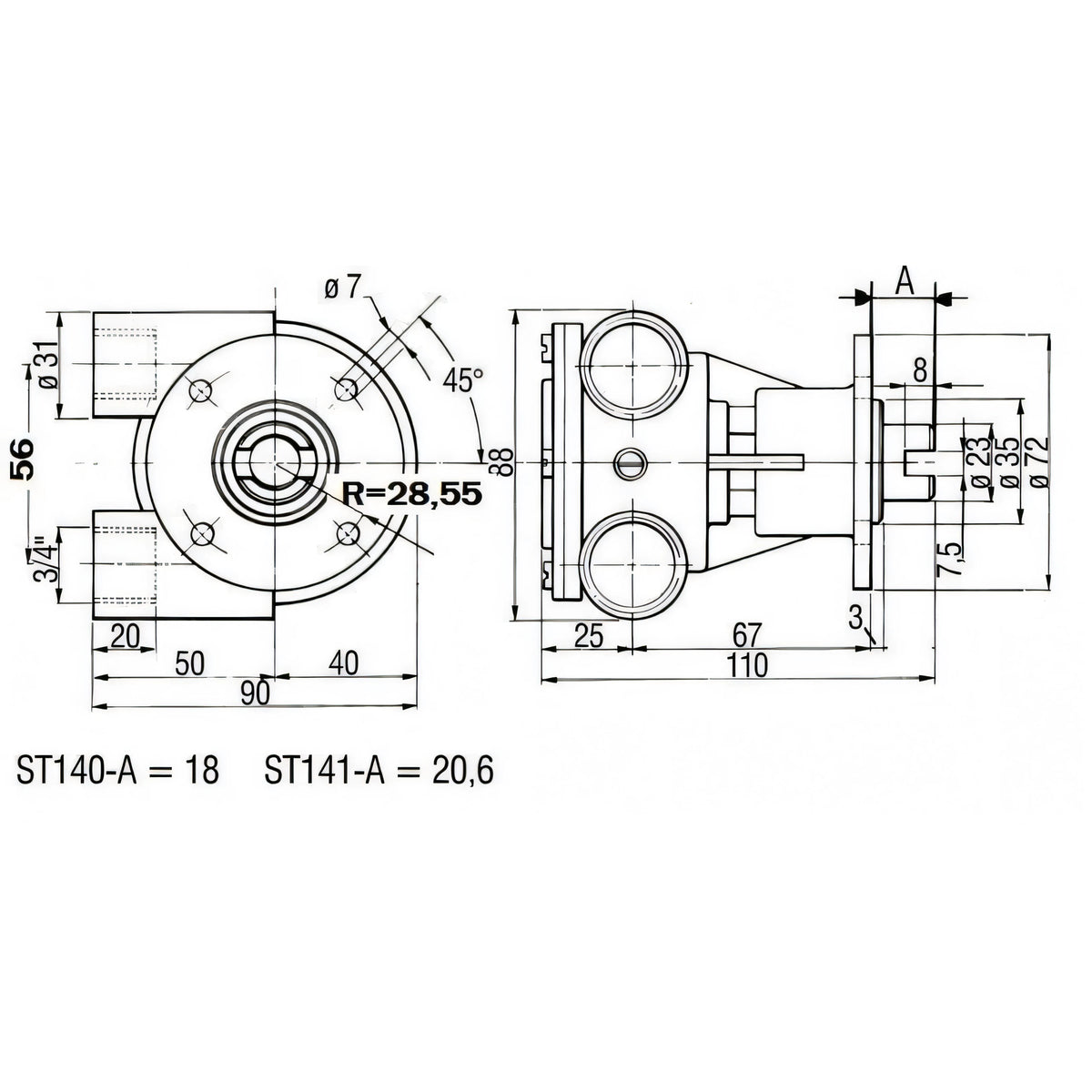 Disegno tecnico quotato della pompa Ancor ST140 in bronzo