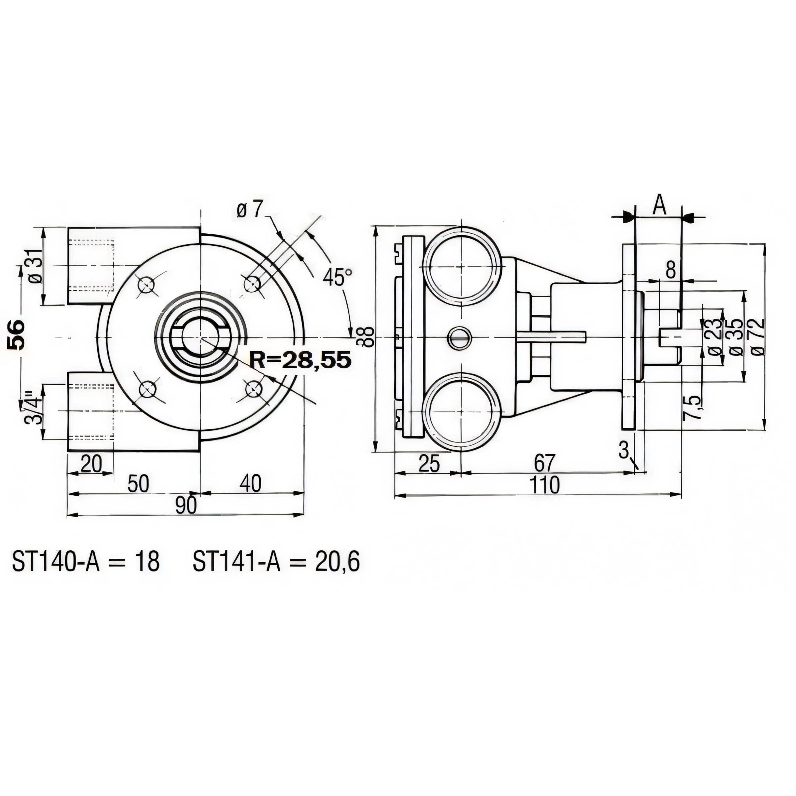 Disegno tecnico quotato della pompa Ancor ST140 in bronzo