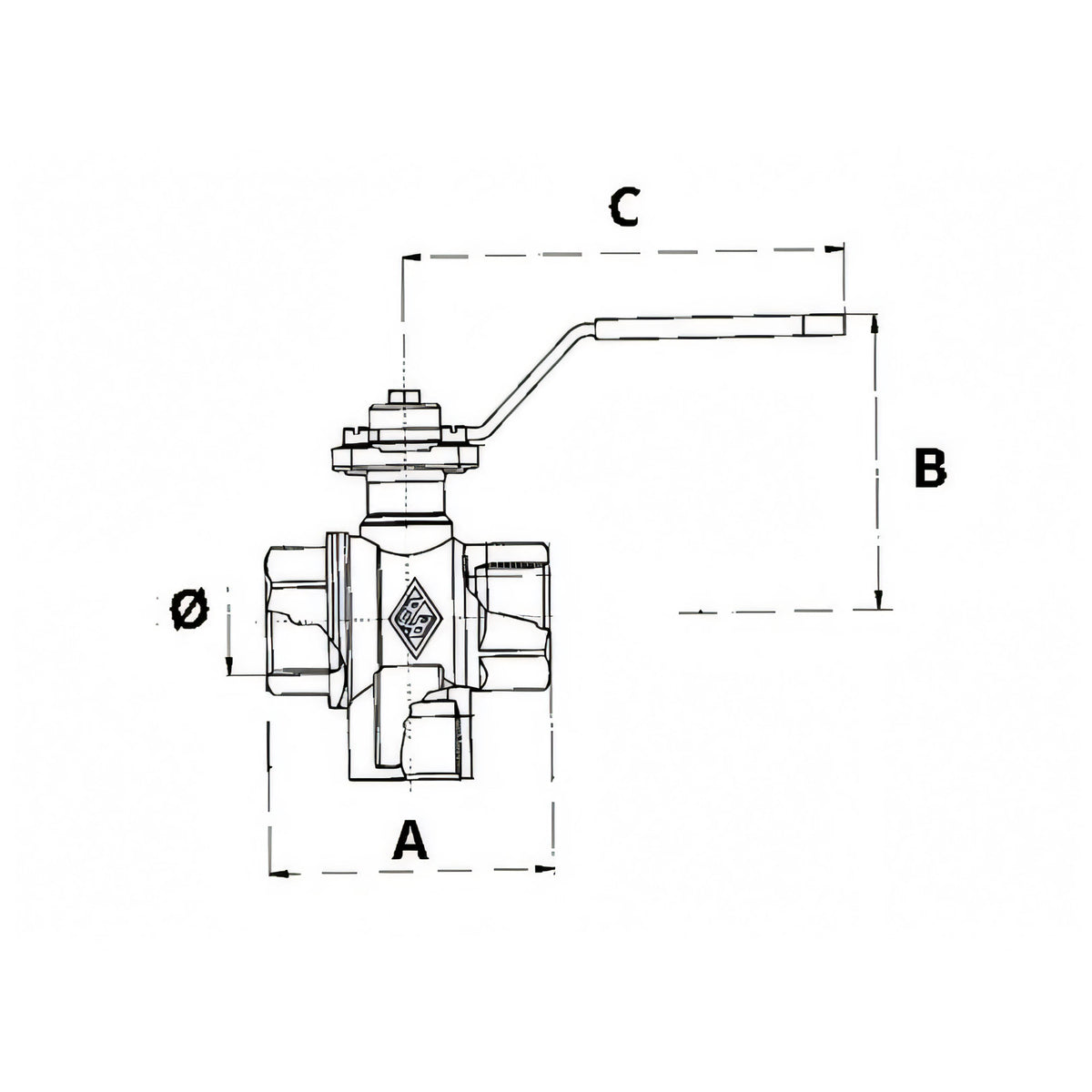 Valvola tre vie in ottone, disegno tecnico