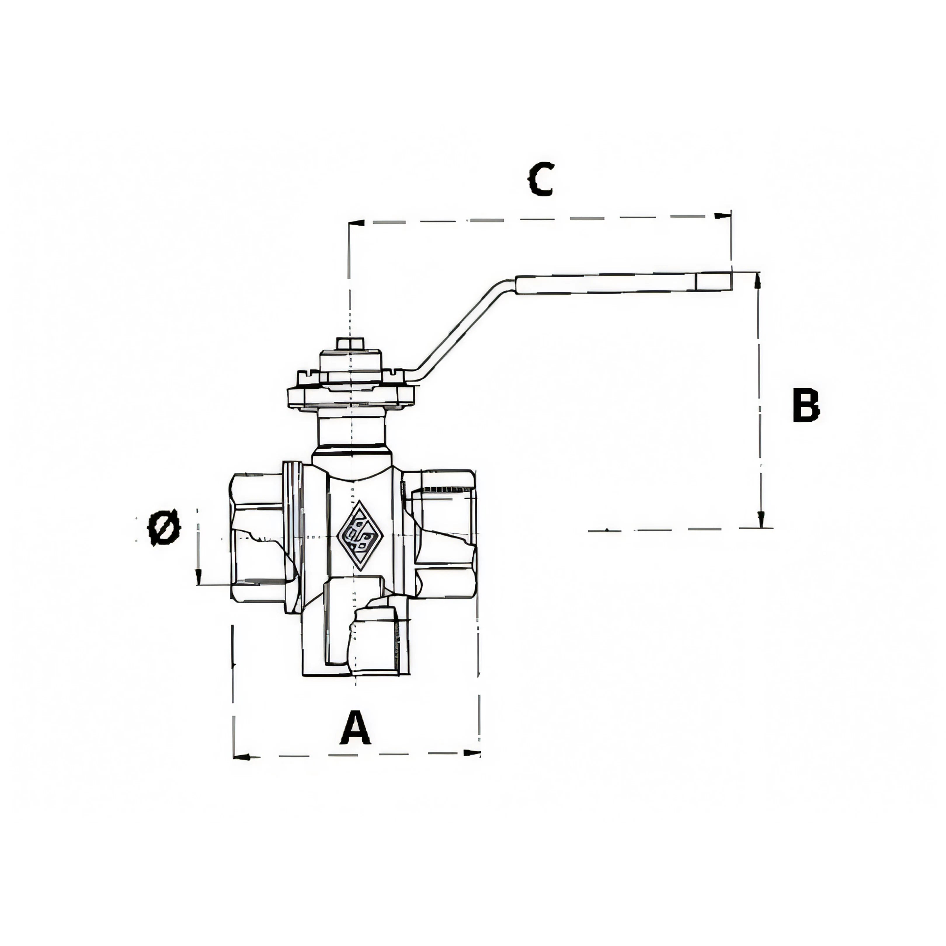 Valvola tre vie in ottone, disegno tecnico