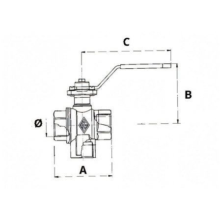 Valvola tre vie in ottone, disegno tecnico