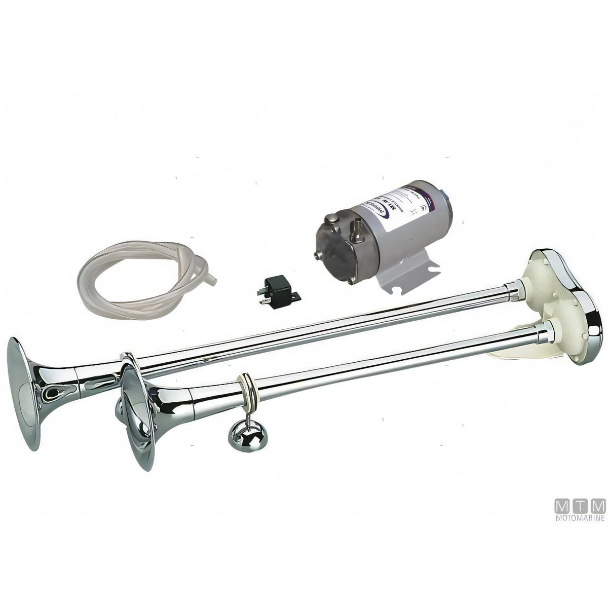 Marco tromba doppia con compressore in ottone cromato — 390 mm - 12V