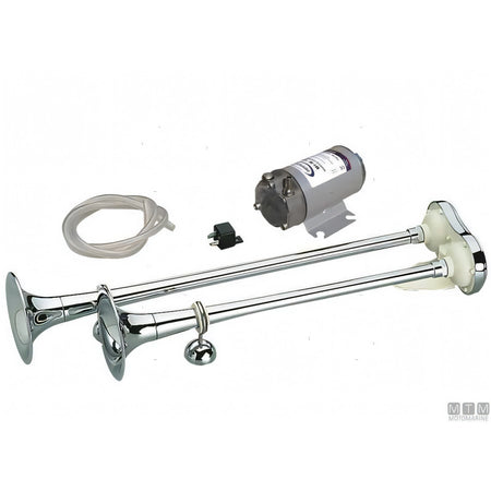 Marco tromba doppia con compressore in ottone cromato — 390 mm - 12V