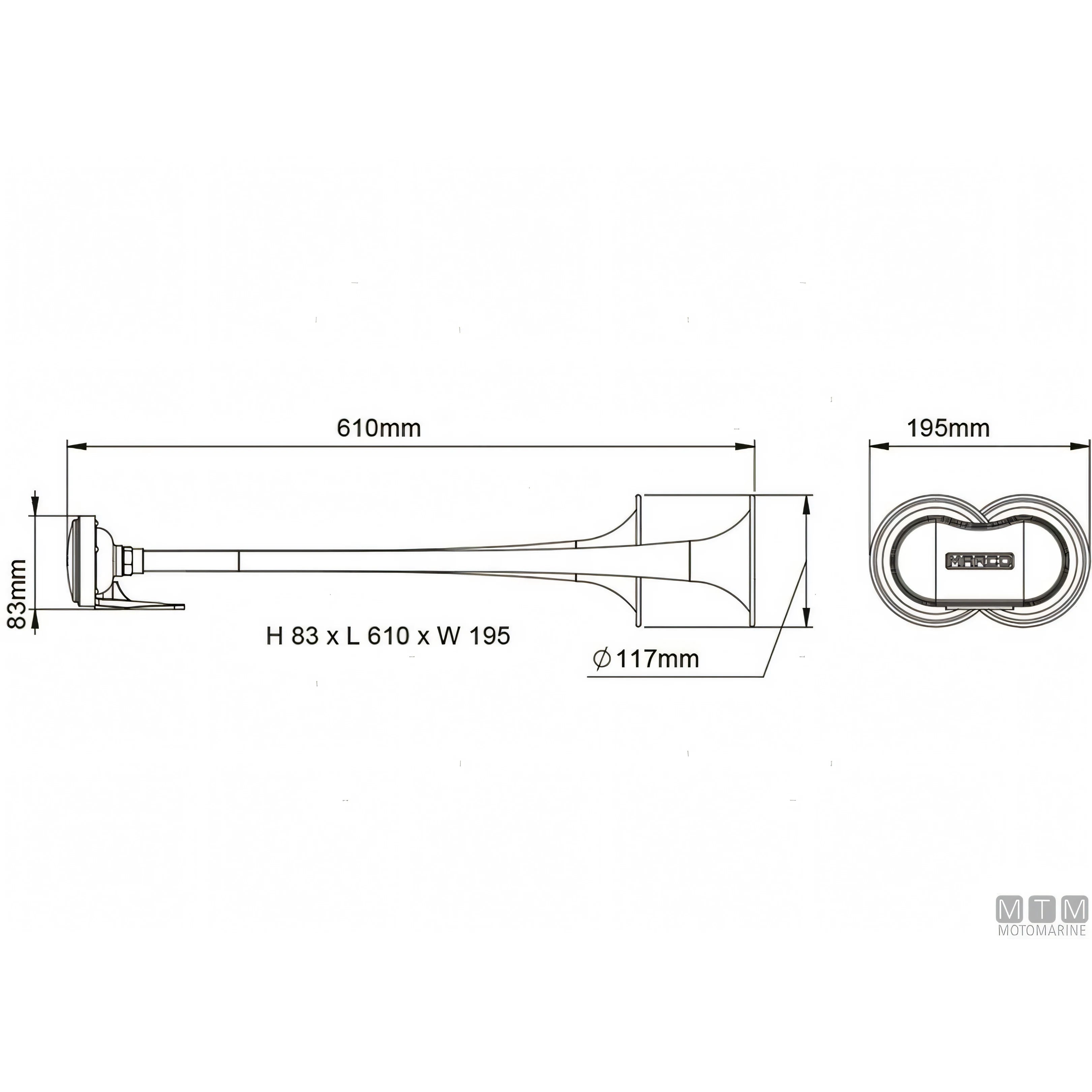 Marco tromba doppia con compressore in ottone cromato — 500 mm - 24V