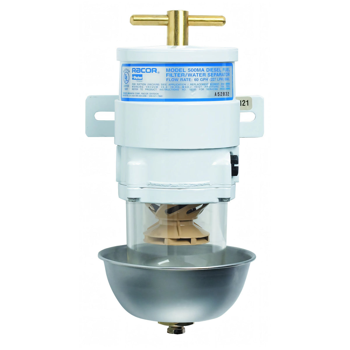 Racor filtro separatore gasolio/acqua 500 MA completo, corpo bianco con coppetta trasparente