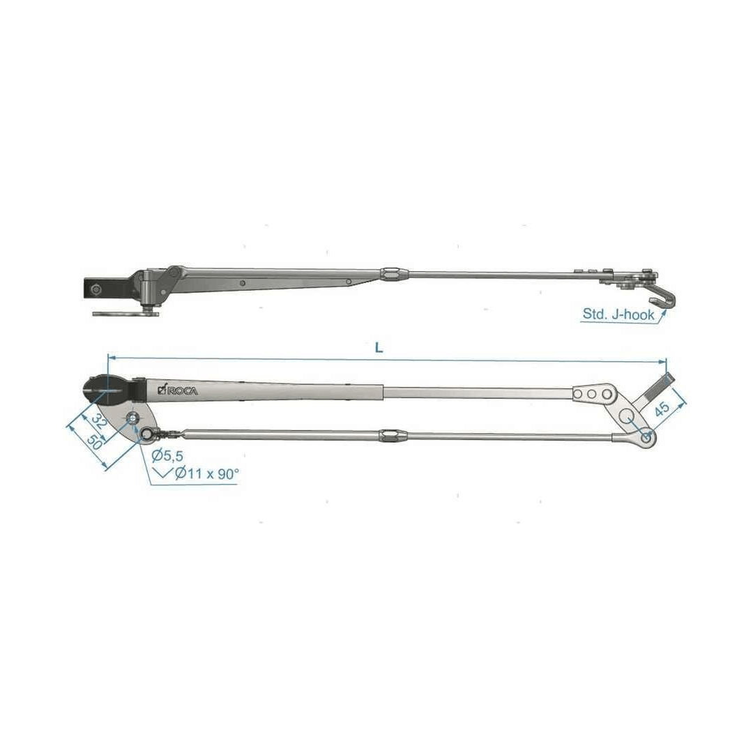 Scheda tecnica braccio tergicristallo telescopico pantografo ROCA SLIM inox brunito con quote e attacco J-hook | Onautica