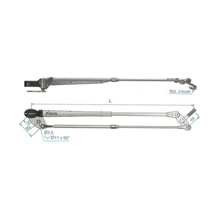 Scheda tecnica braccio tergicristallo telescopico pantografo ROCA SLIM inox brunito con quote e attacco J-hook | Onautica