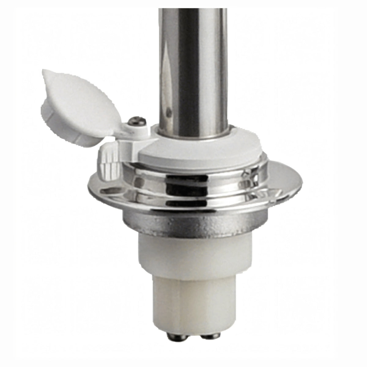 Fanale navigazione 360° su asta inox con base cromata e lente bianca, dettaglio supporto | Onautica
