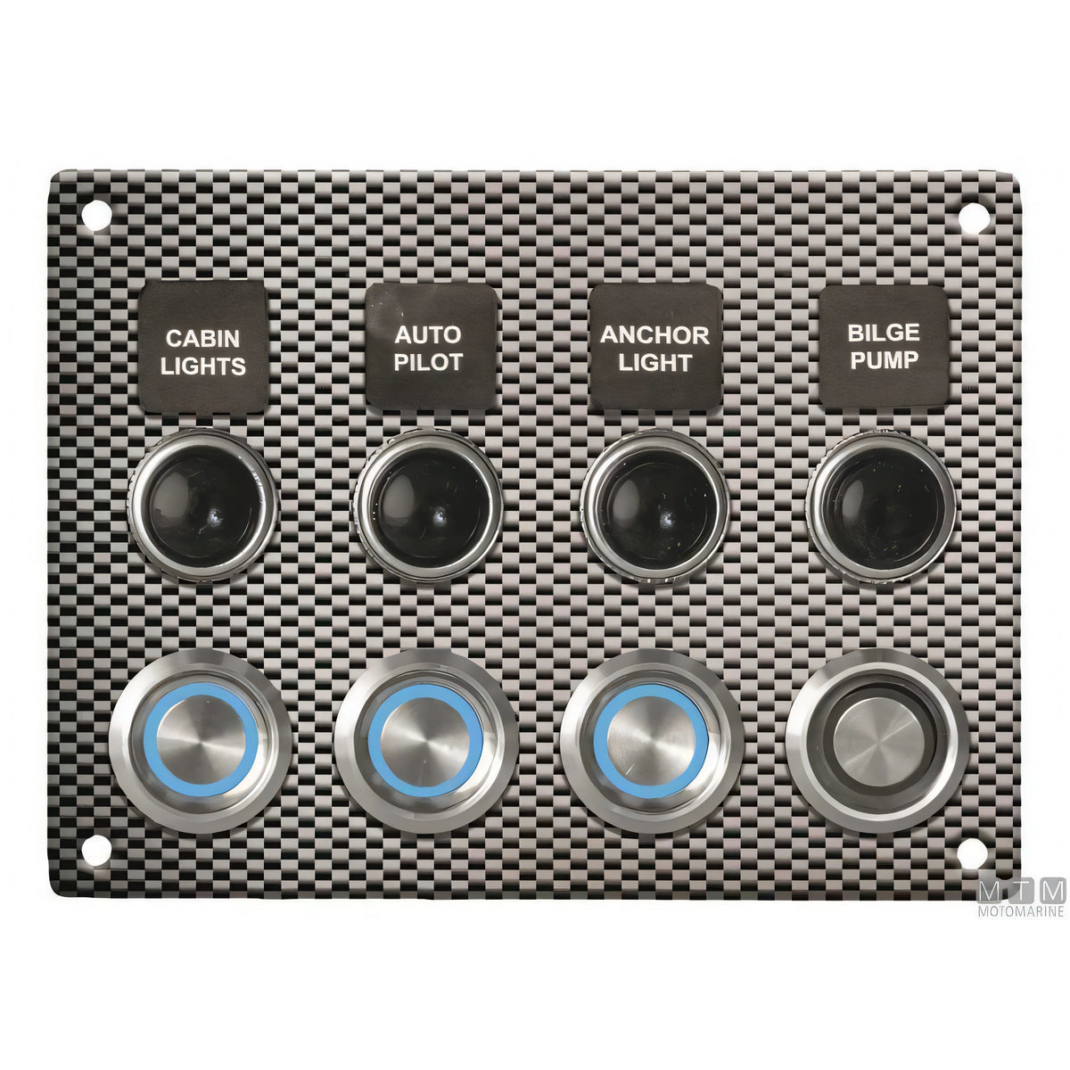 Quadro elettrico Motomarine in alluminio carbon con pulsanti inox — 4 pulsanti
