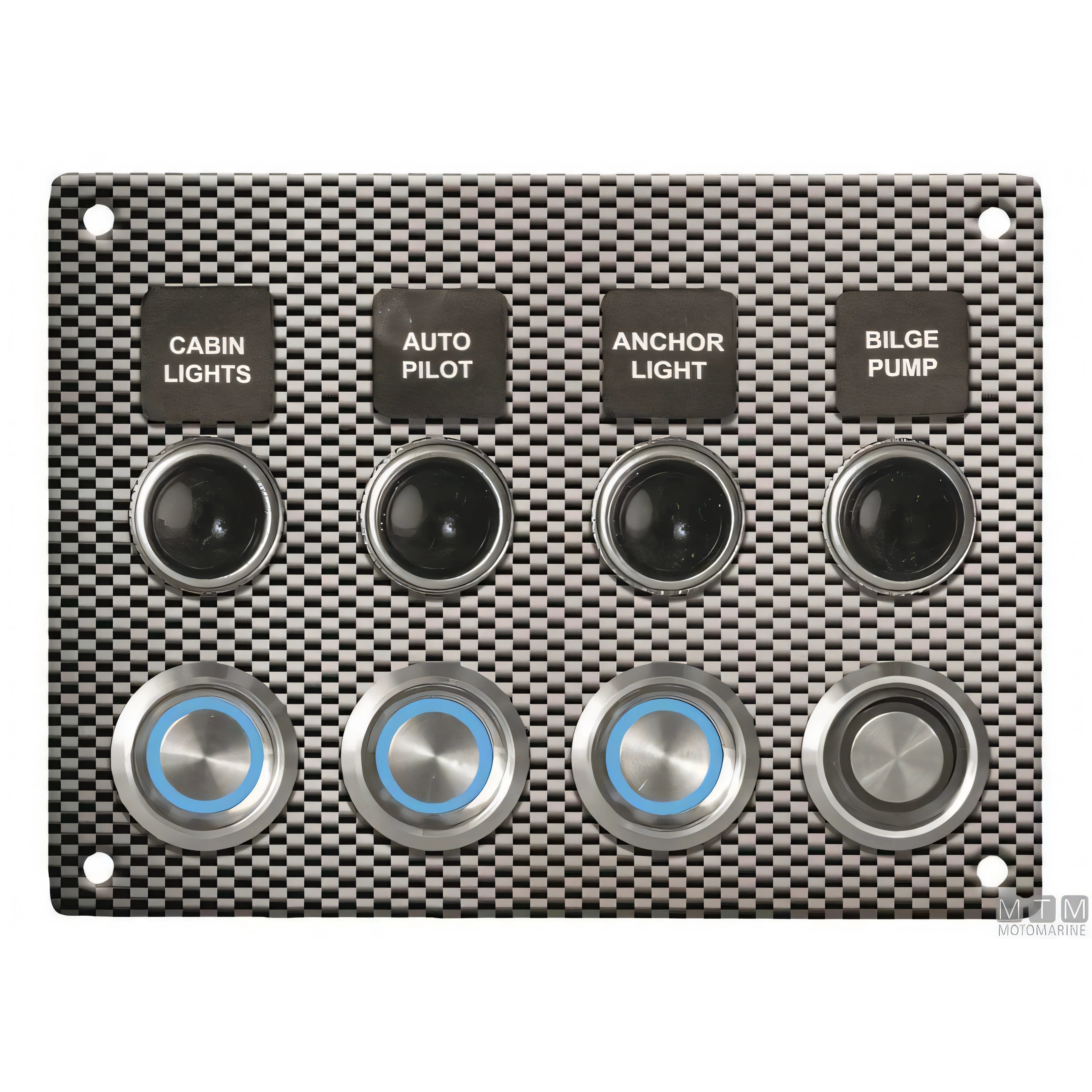 Quadro elettrico Motomarine in alluminio carbon con pulsanti inox — 4 pulsanti