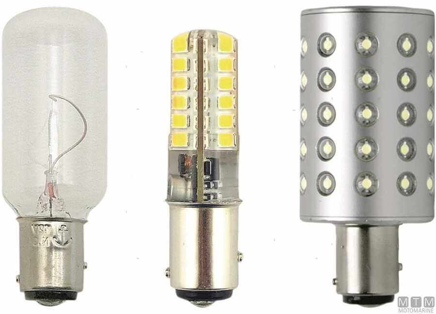 Confronto lampadine per fanale nautico: incandescente trasparente, LED SMD e LED con corpo silver | Onautica