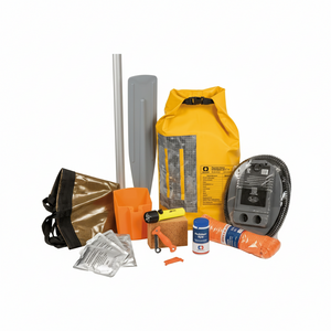 Kit sopravvivenza nautico giallo con pagaia, pompa, torcia, sagola, spugna e accessori di emergenza | Onautica