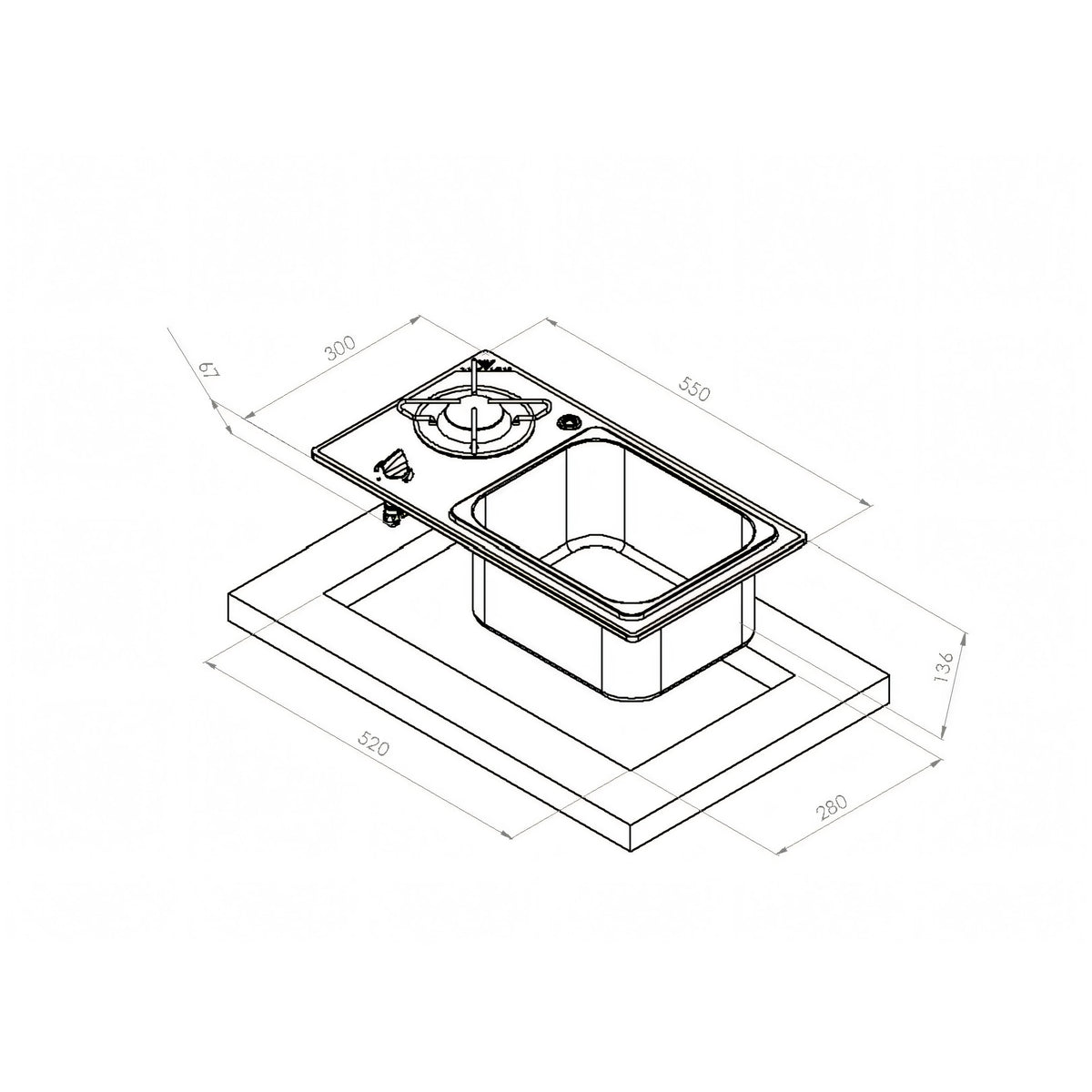 Disegno tecnico del piano cottura Navyload con lavello e foro di incasso