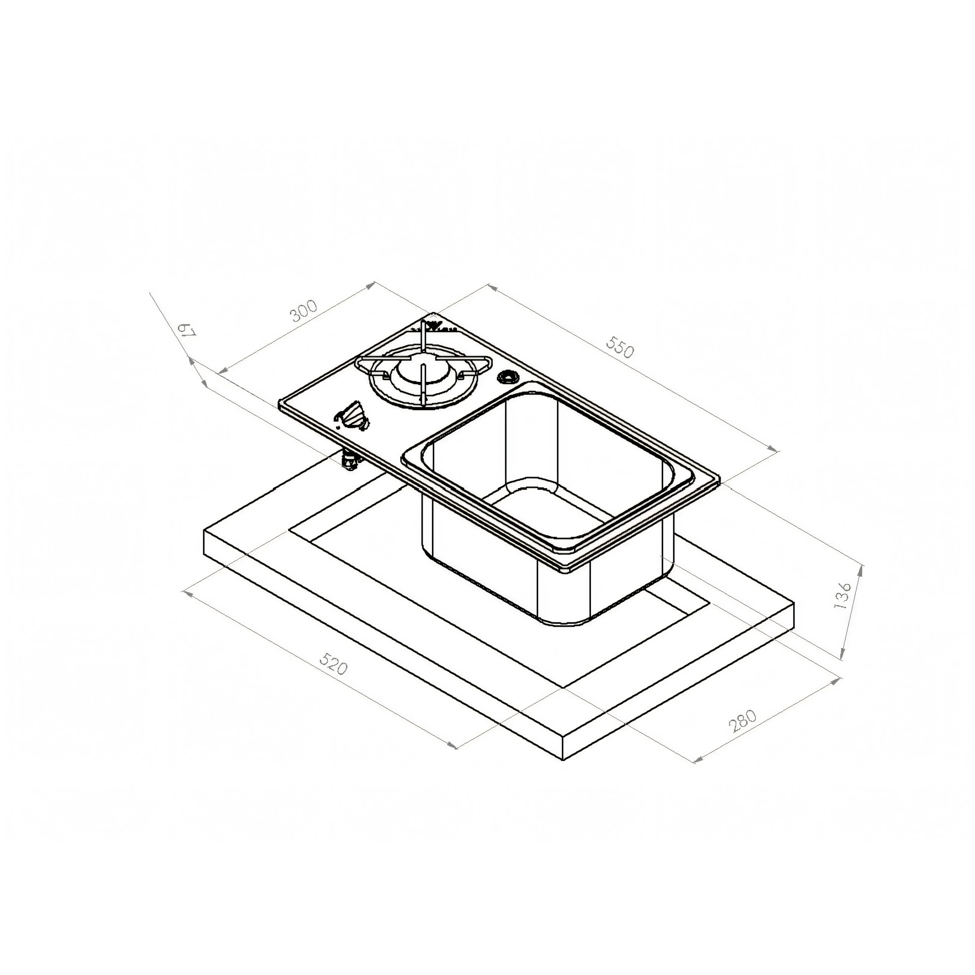 Disegno tecnico del piano cottura Navyload con lavello e foro di incasso