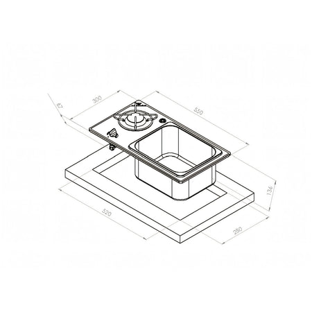 Disegno tecnico del piano cottura Navyload con lavello e foro di incasso