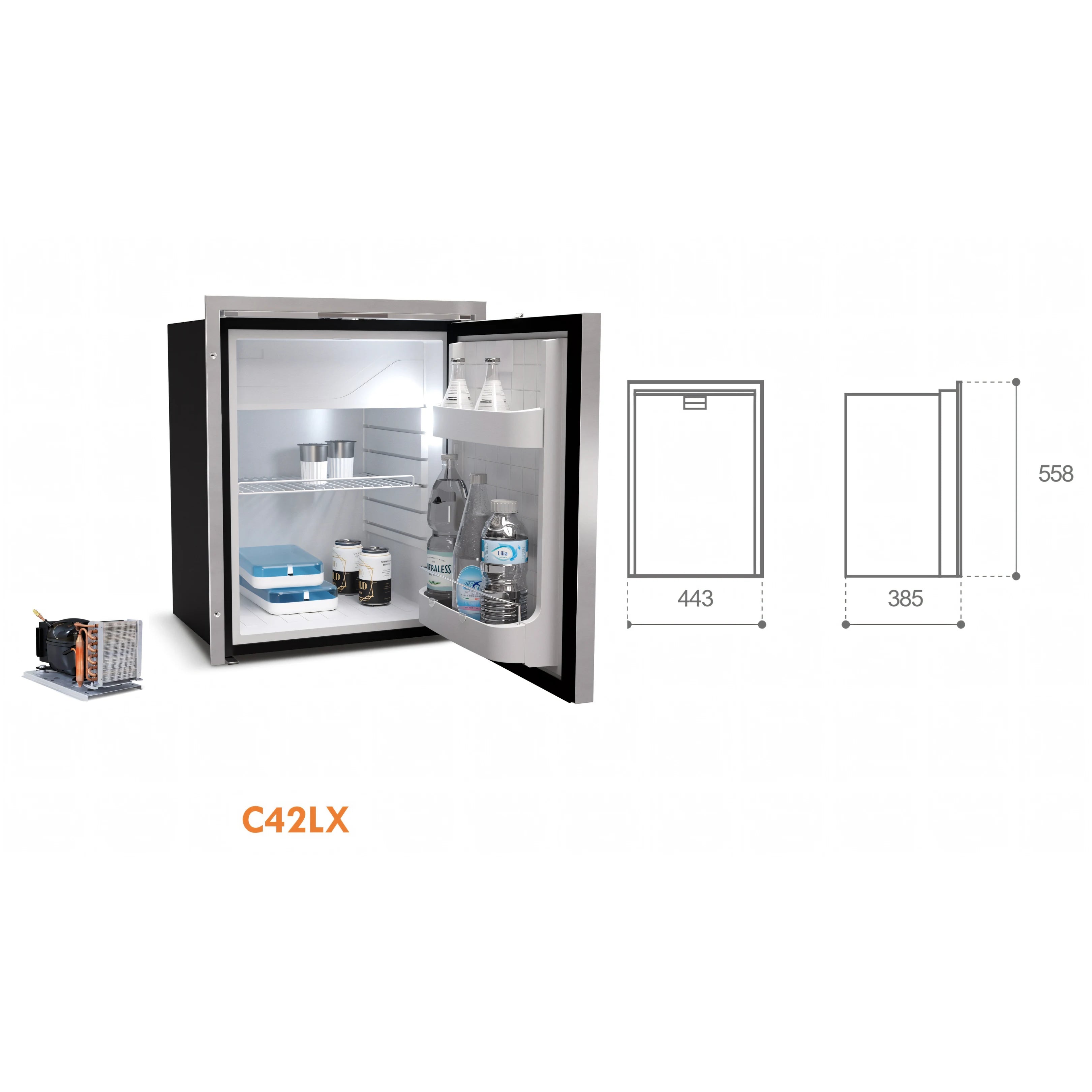 Frigorifero Vitrifrigo inox, porta aperta con luce led