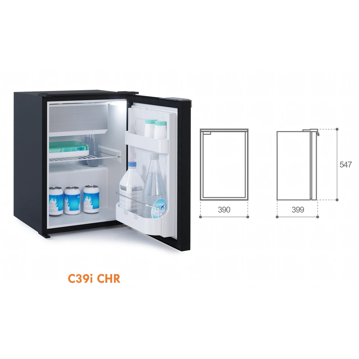 Frigorifero Vitrifrigo Chromelock, porta aperta con interno illuminato