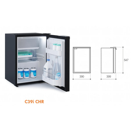 Frigorifero Vitrifrigo Chromelock, porta aperta con interno illuminato