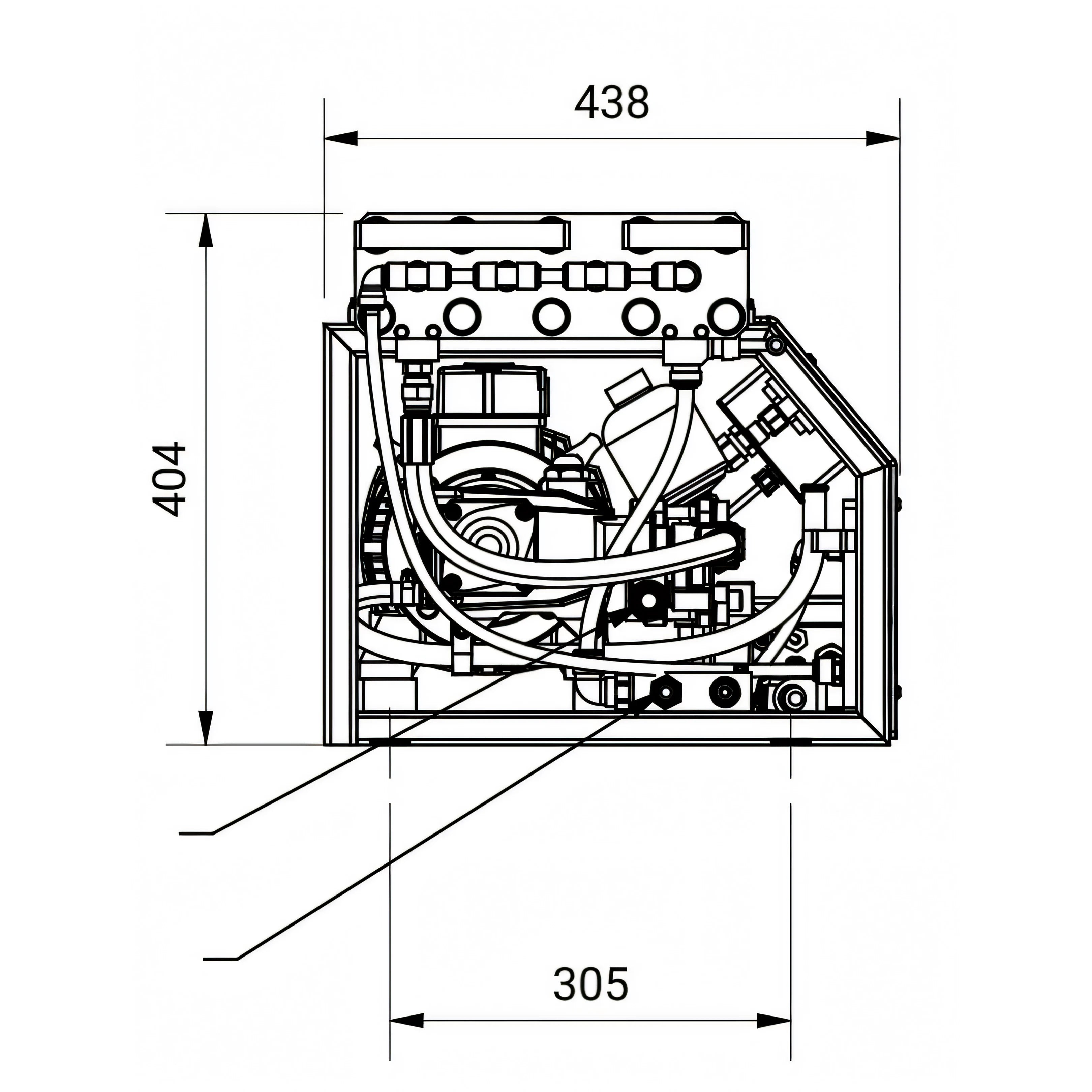 Disegno tecnico del dissalatore Aqua-Base Aruba Comfort, vista frontale con i componenti interni