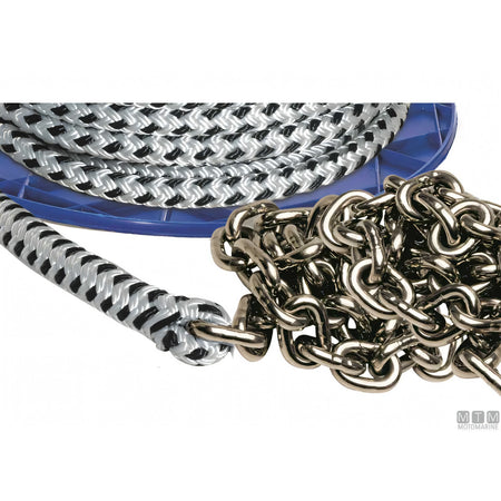 Motomarine treccia con catena inox DIN766 acciaio AISI 316 — Ø12,6mm 40m + Ø6mm 10m