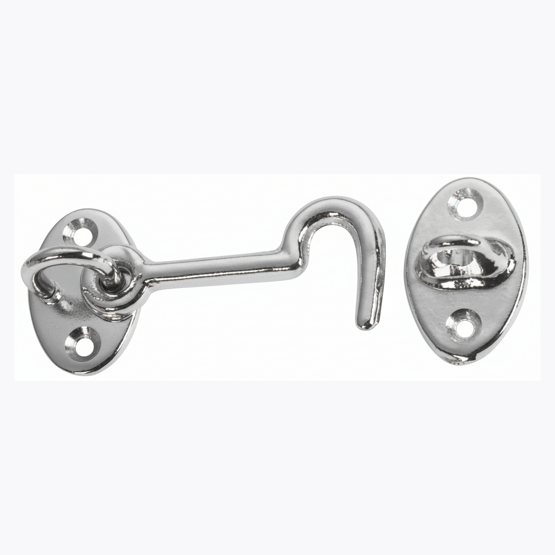Gancio fermaporte 60 mm in ottone cromato lucido con piastra ovale e occhiello, vista completa | Onautica