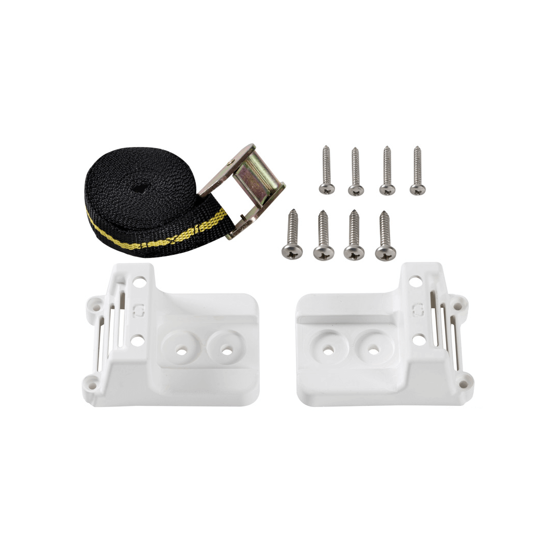 Kit fissaggio serbatoio: 2 staffe bianche, cinghia nera con fibbia, 8 viti in acciaio inox | Onautica