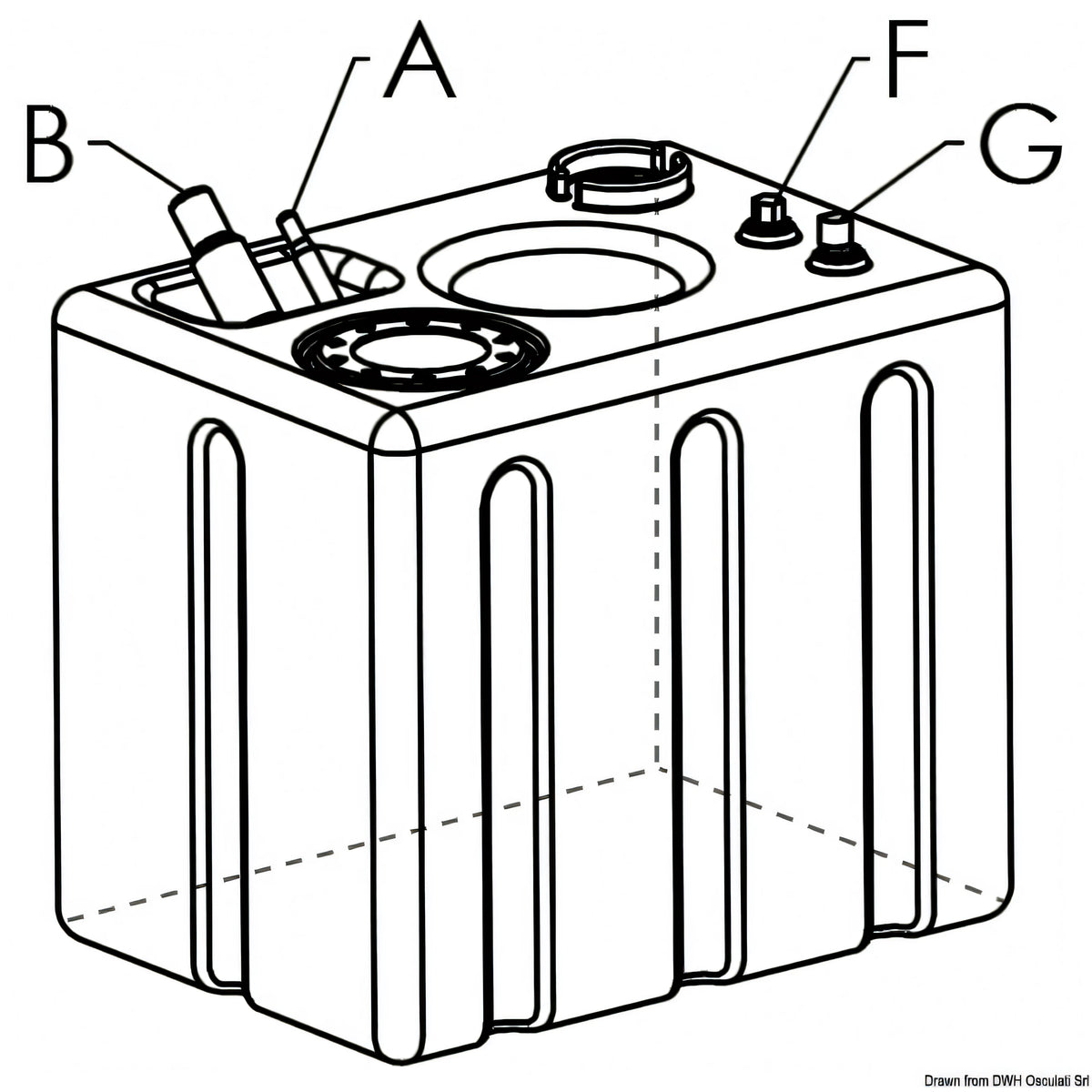 Disegno tecnico Osculati serbatoio carburante 164 litri in polietilene reticolato con misure 700x500x600 mm