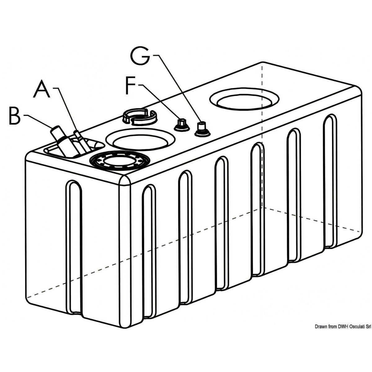 Disegno tecnico Osculati serbatoio carburante 336 litri in polietilene reticolato con misure 1400x500x600 mm