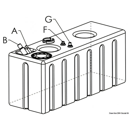 Disegno tecnico Osculati serbatoio carburante 336 litri in polietilene reticolato con misure 1400x500x600 mm